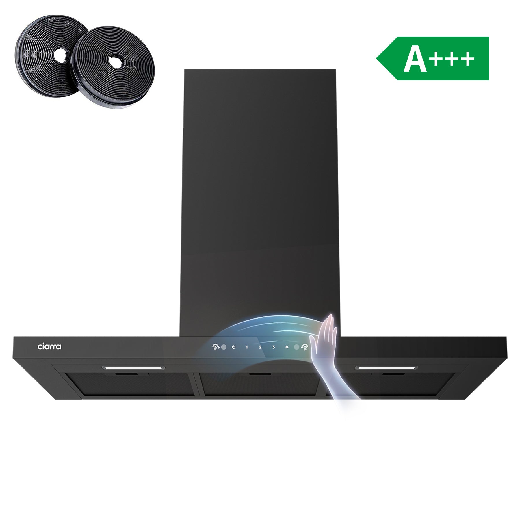 CIARRA Hotte aspirante murale 90 cm, Design panneau ultra-fin 40 mm en verre noir, Commandes gestuelle et tactile, 650 m³/h, Classe énergétique A+++, Évacuation et recyclage CRGCB9102-SLIM