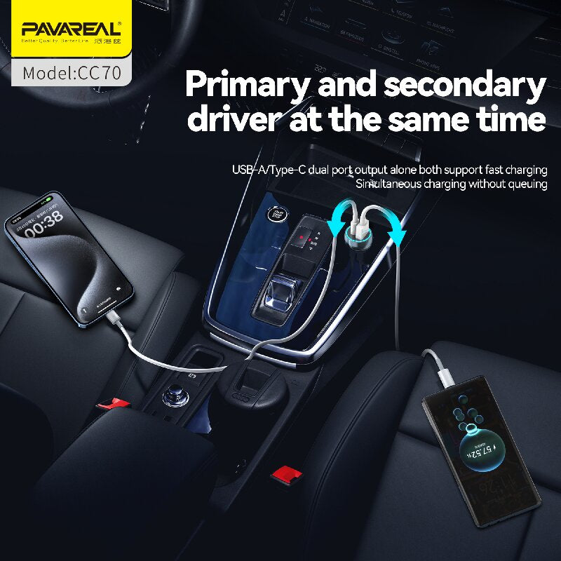 PAVAREAL Chargeur de voiture CC70 PD20W+100W compatible charge rapide pour séries iPhone, iPad