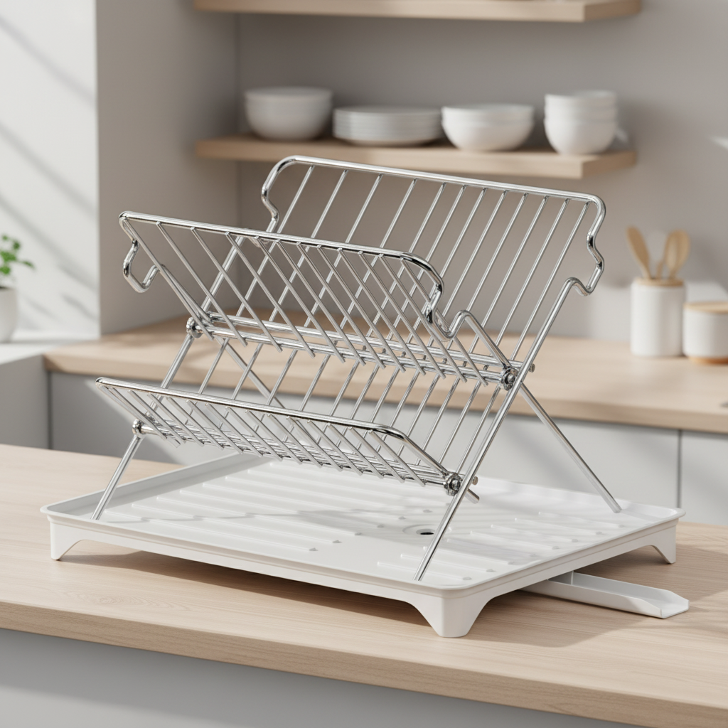 Maxcook Égouttoir à Vaisselle Pliable en Acier Inoxydable à 2 Niveaux avec Bac d'Égouttement Amovible, Égouttoir à Vaisselle Pliable Gain de Place pour Plan de Travail de Cuisine, Organisateur Support pour Assiettes Bols Tasses
