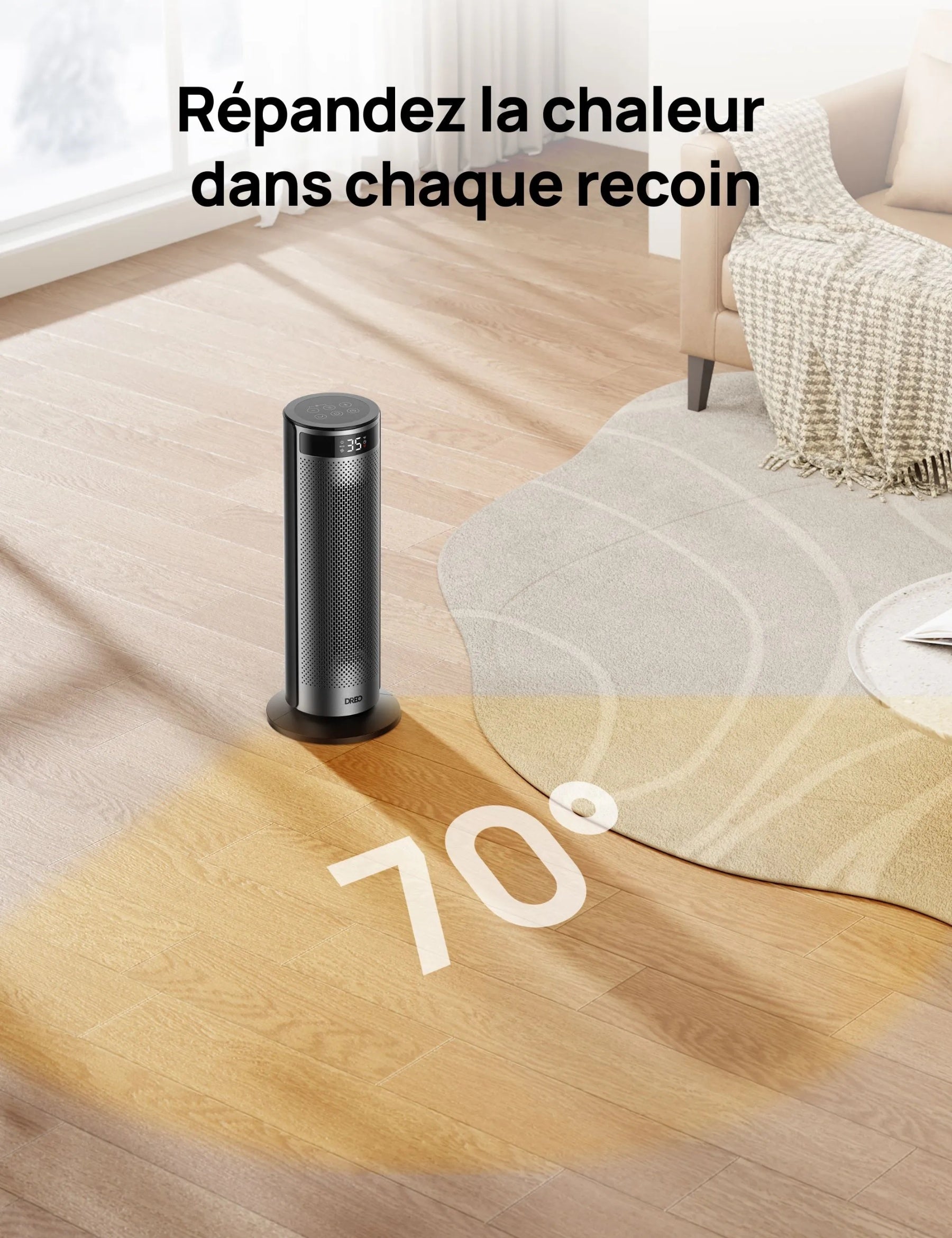 DREO radiateur soufflant économe en énergie 2000W, élément chauffant en céramique PTC, minuterie 12 heures, oscillation à 70°, télécommande, silencieux 34dB, 8 protections de sécurité, Solaris 628