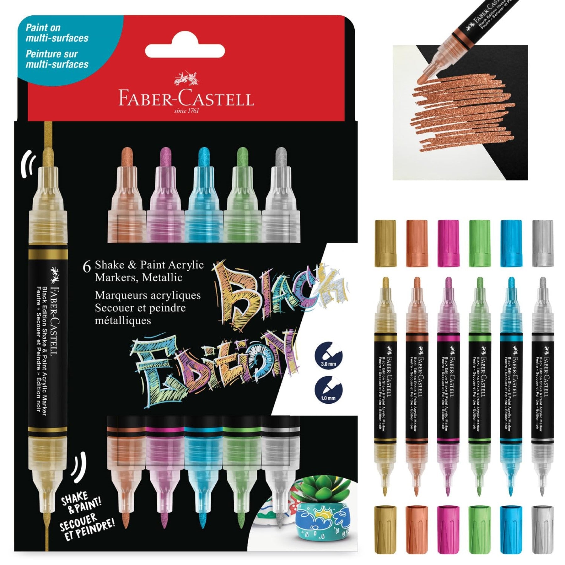 Faber-Castell Marqueurs acryliques Black Edition Shake & Paint, 6 pièces, couleurs métalliques