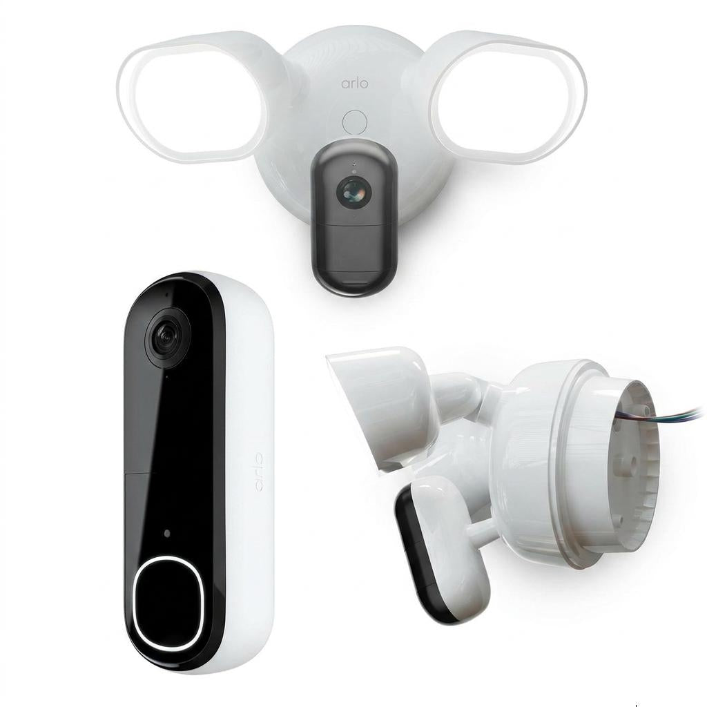 ARLO Pack Maison Protégée : Caméras de sécurité extérieures Arlo Essential 2K avec projecteur, lot de 2 + Sonnette vidéo sans fil Arlo Essential HD, Blanc
