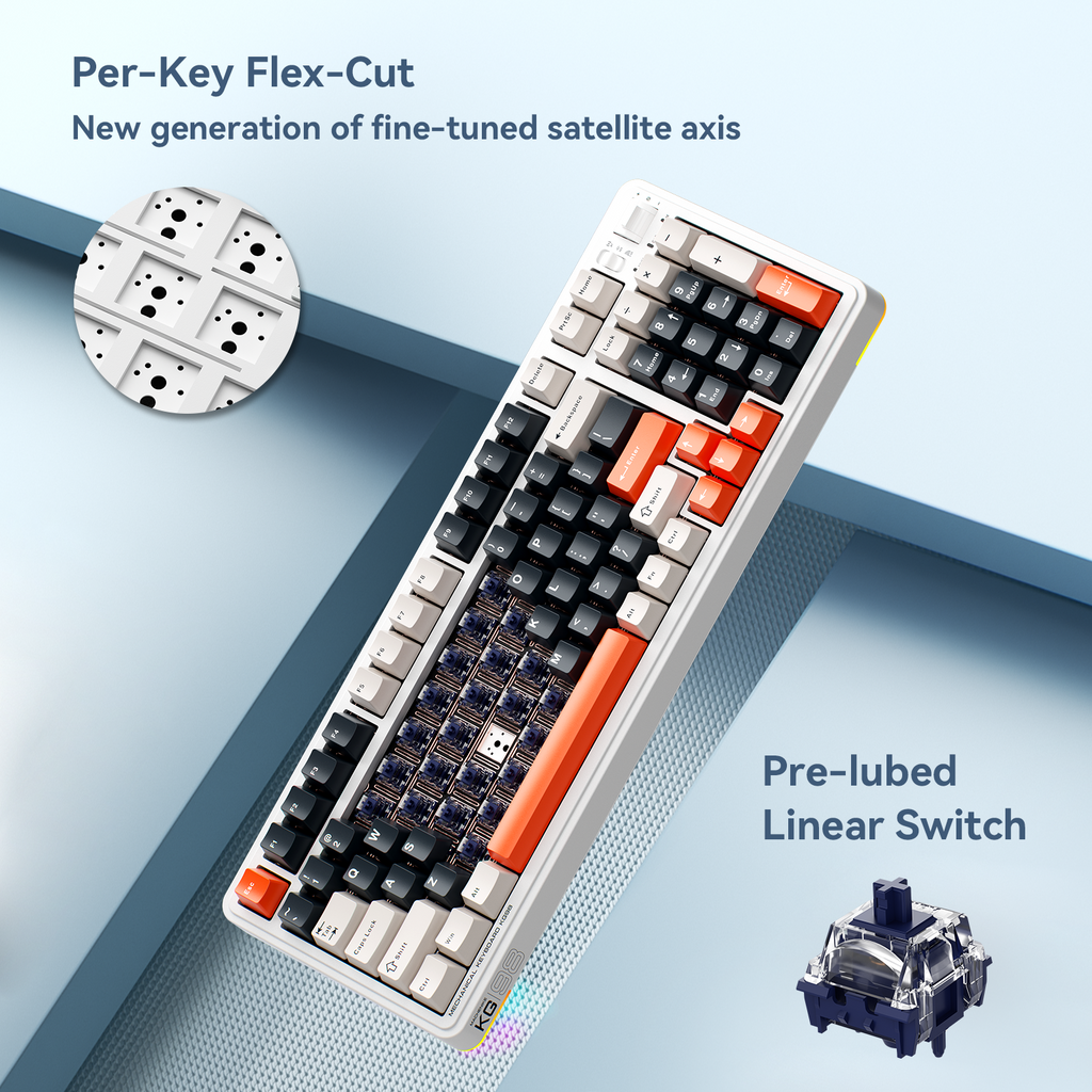 Machenike KG98 clavier mécanique 96 % tri-mode, disposition QWERTY US, clavier de jeu personnalisable à échange à chaud, interrupteurs linéaires pré-lubrifiés, éclairage RGB latéral