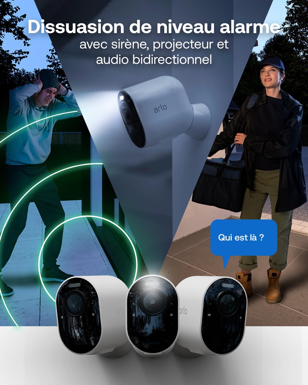Arlo VMC5350-111EUS Caméra de Sécurité extérieure Ultra 3 4K WiFi sans Fil, Kit de 3 Caméras + Panneau Solaire et Smarthub, Détection par IA, Vision Nocturne Couleur, Compatible avec Alexa