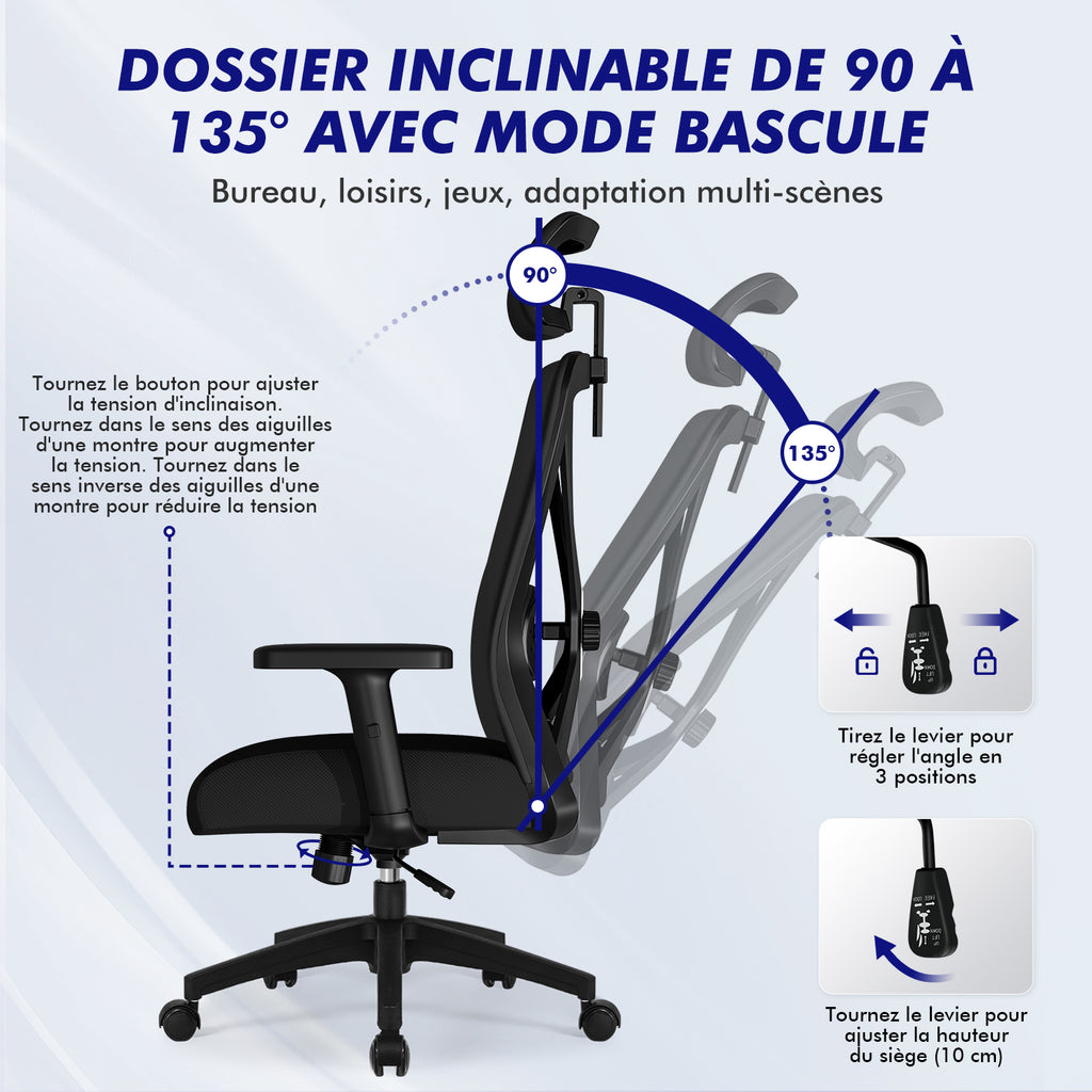 GTIMEX Chaise de bureau ergonomique, chaise de bureau, chaise de bureau avec accoudoirs réglables, soutien lombaire souple en éponge naturelle et appui-tête, chaise de direction