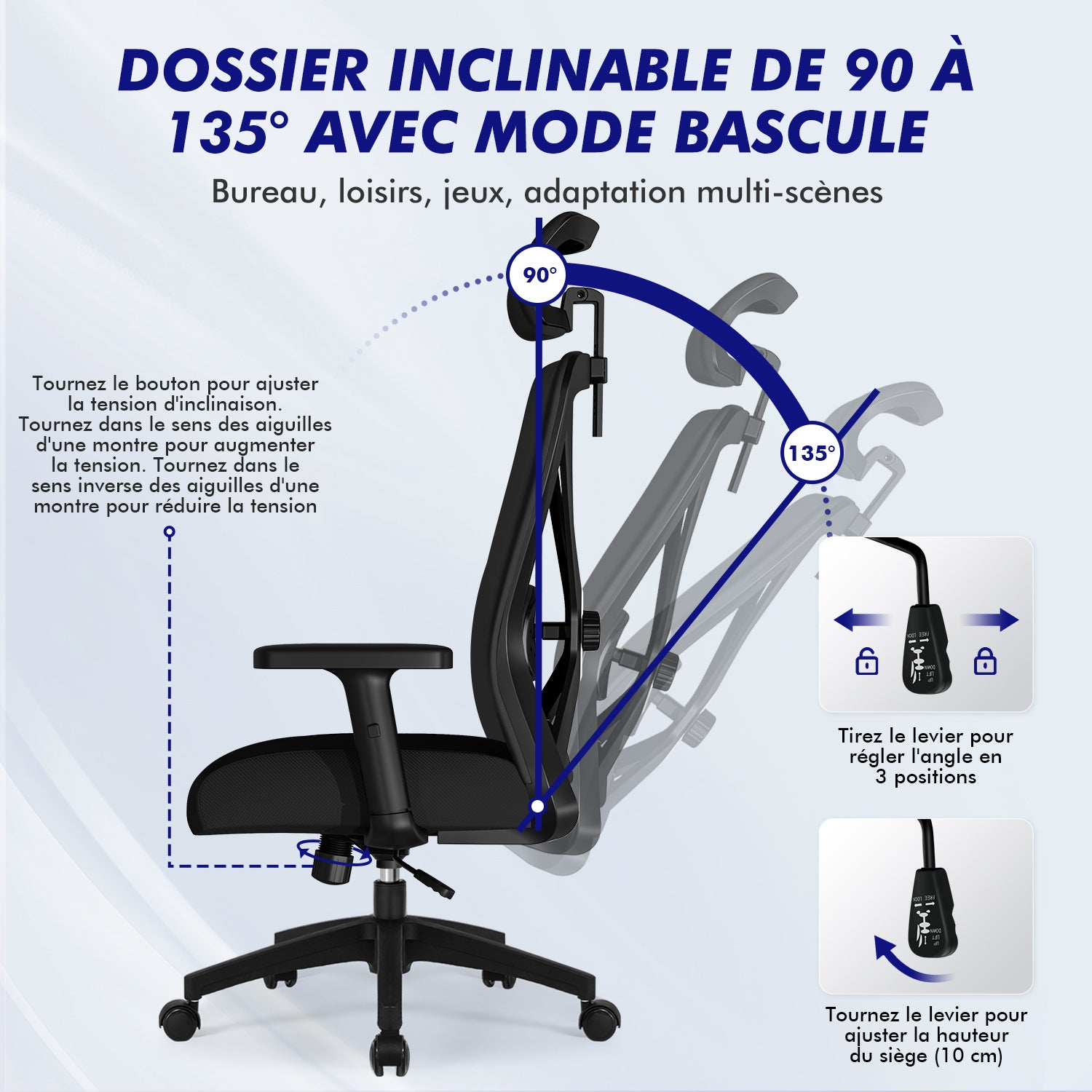 GTIMEX Chaise de bureau ergonomique, chaise de bureau, chaise de bureau avec accoudoirs réglables, soutien lombaire souple en éponge naturelle et appui-tête, chaise de direction