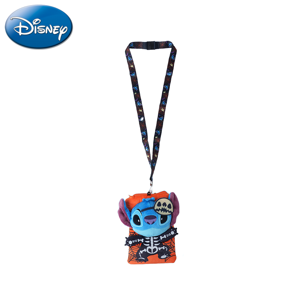 Disney 1 pièce Porte-carte Stitch Halloween en peluche avec tour de cou, sous licence officielle, thème effrayant squelette et toile d'araignée
