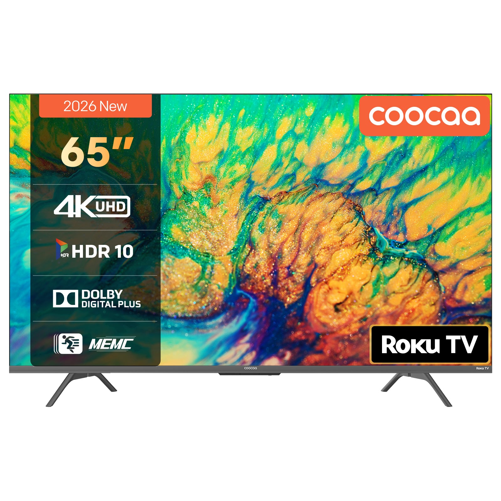 Coocaa Smart TV 65 pouces UHD Roku TV, HDR10, EyeCare Premium (faible lumière bleue), triple tuner, streaming fluide