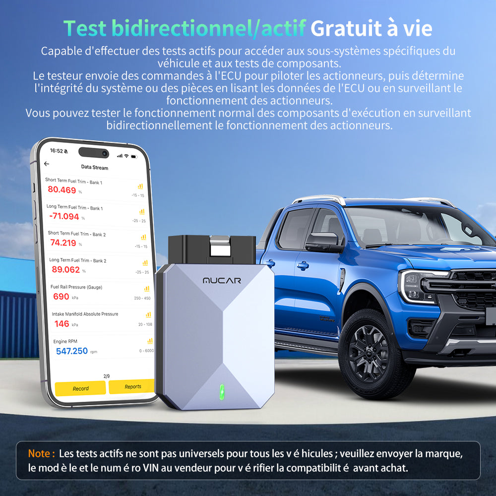 MUCAR BT200 MAX Scanner de diagnostic OBD2 avec diagnostics intelligents par IA, analyse de tous les systèmes, contrôle bidirectionnel, 15+ réinitialisations, CAN-FD