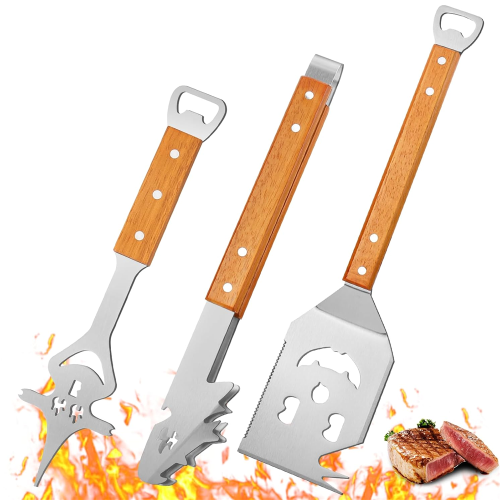 Huacan Set de 3 ustensiles de barbecue en acier inoxydable et manche en bois avec fourchette, spatule et pince à viande