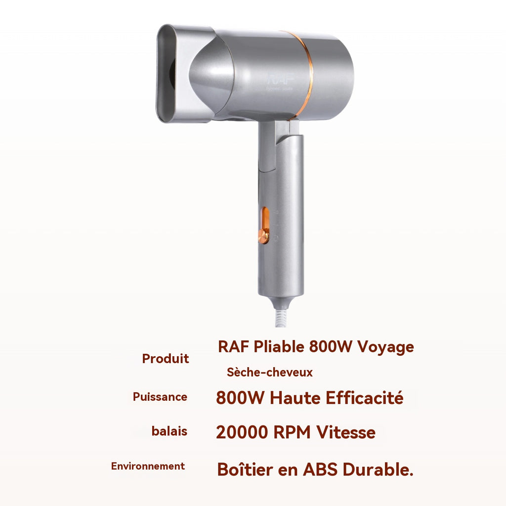 RAF Sèche-cheveux pliable professionnel portable 800 W, protection contre la surchauffe, format compact de voyage, pour femme, usage domestique, gris