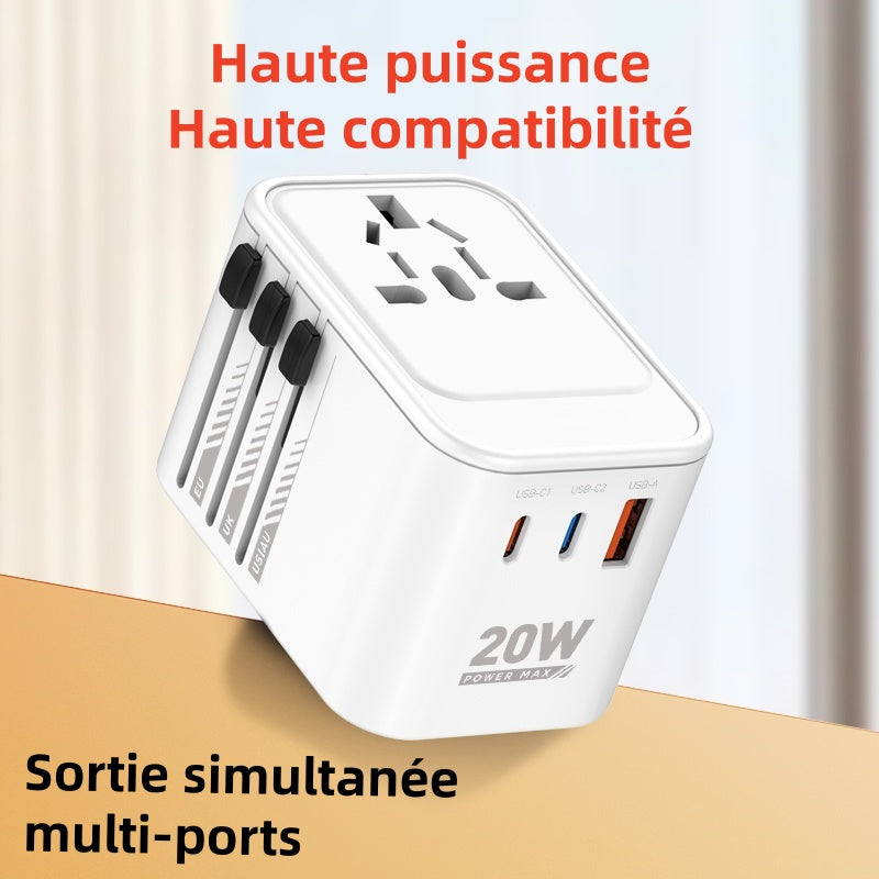 LDNIO Adaptateur de voyage GaN, prise de conversion universelle 20 W, convertisseur de prise EU à multi-ports