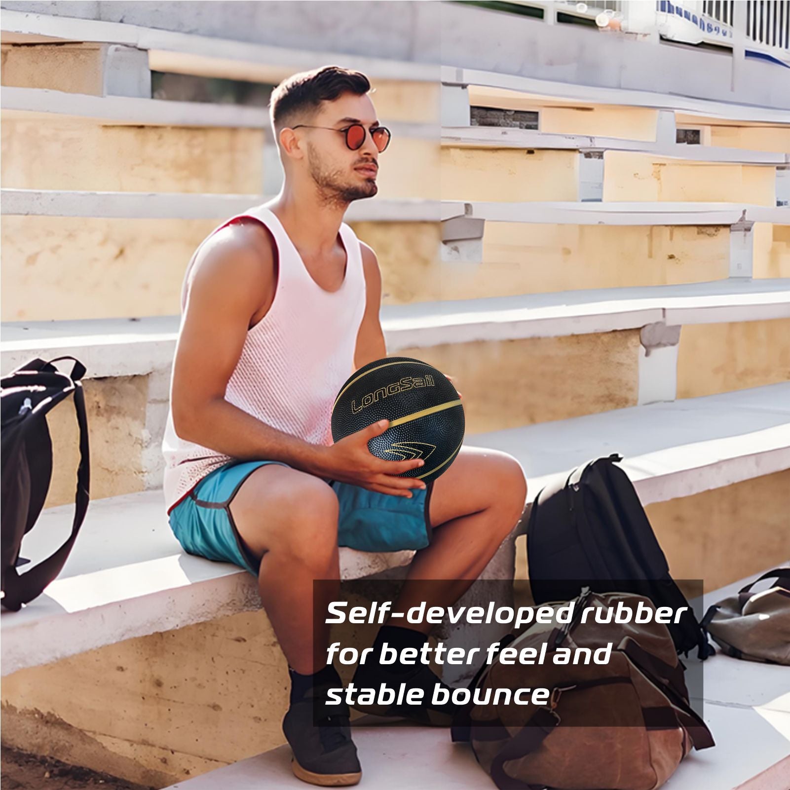 LONGSAIL Ballon de basket-ball en caoutchouc haute qualité (29,5 po) Taille 7 Noir/Or