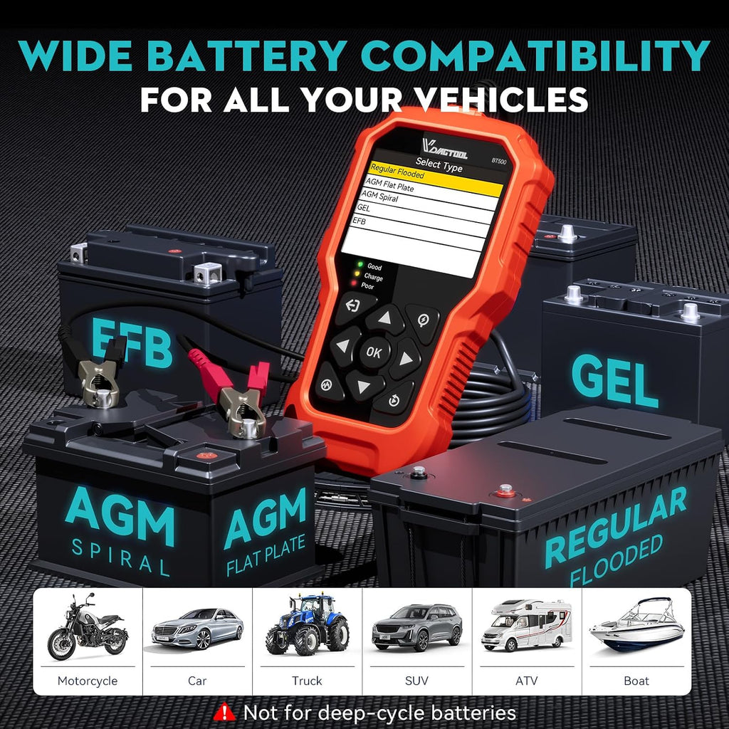 Testeur de batterie de voiture 6 V 12 V 24 V VDIAGTOOL BT500, Testeur de charge de batterie 5-3000 CCA