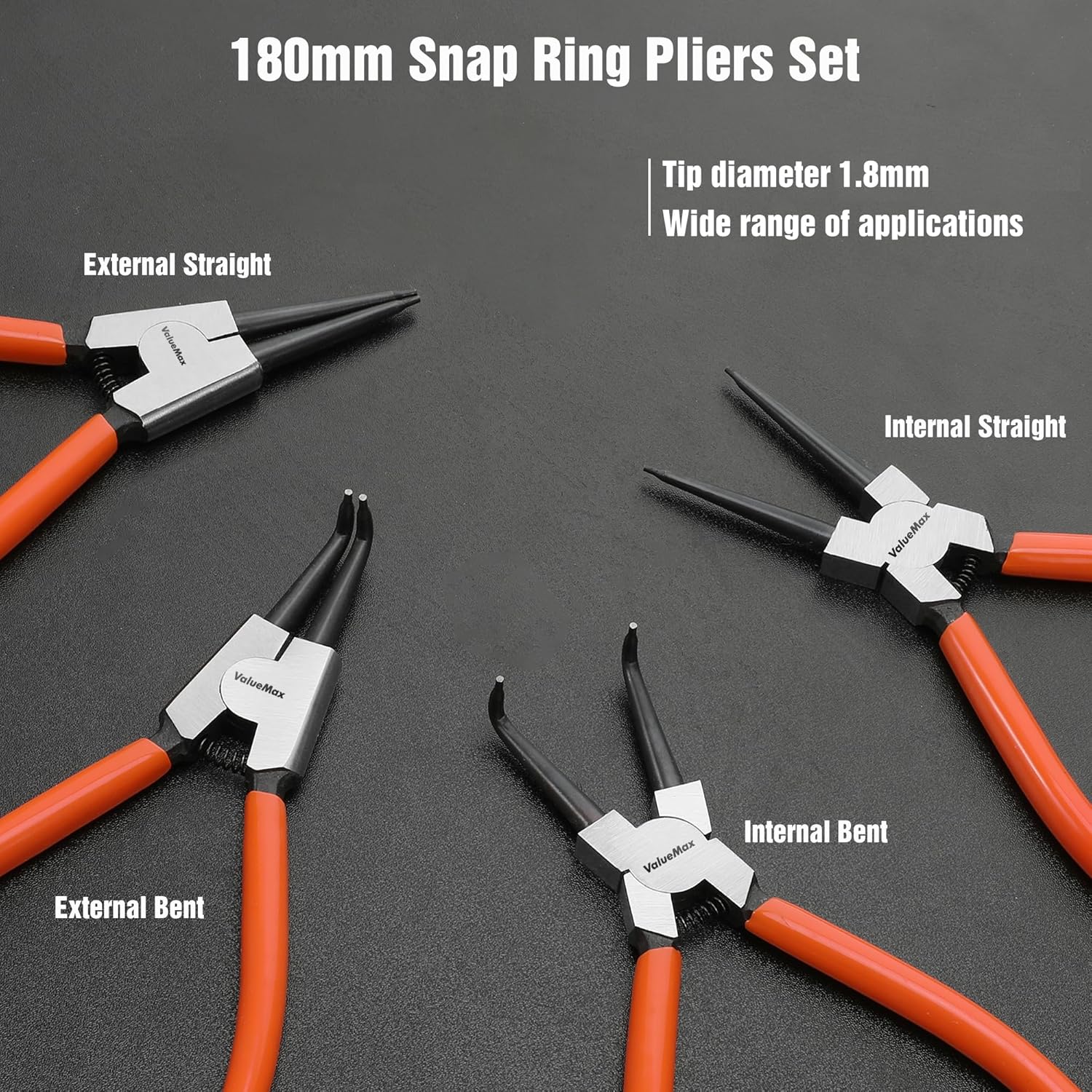 ValueMax Lot de 4 pinces à circlips internes et externes 180 mm avec étui de rangement à fermeture éclair