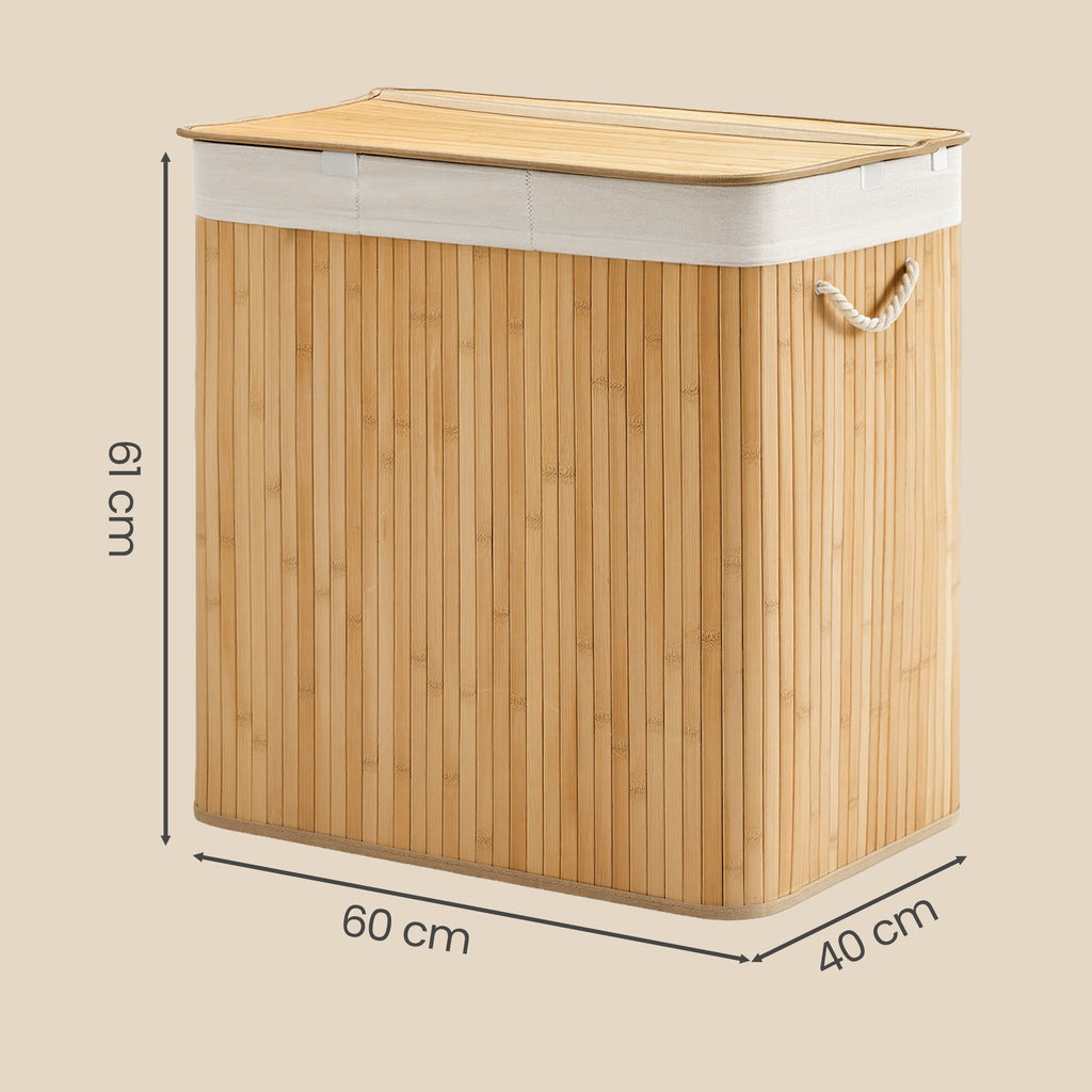 JOYFURNOS Grand Panier à Linge en Bambou, Panier à Linge Pliable à 3 Compartiments avec Couvercle, Sac Intérieur Amovible, Naturel