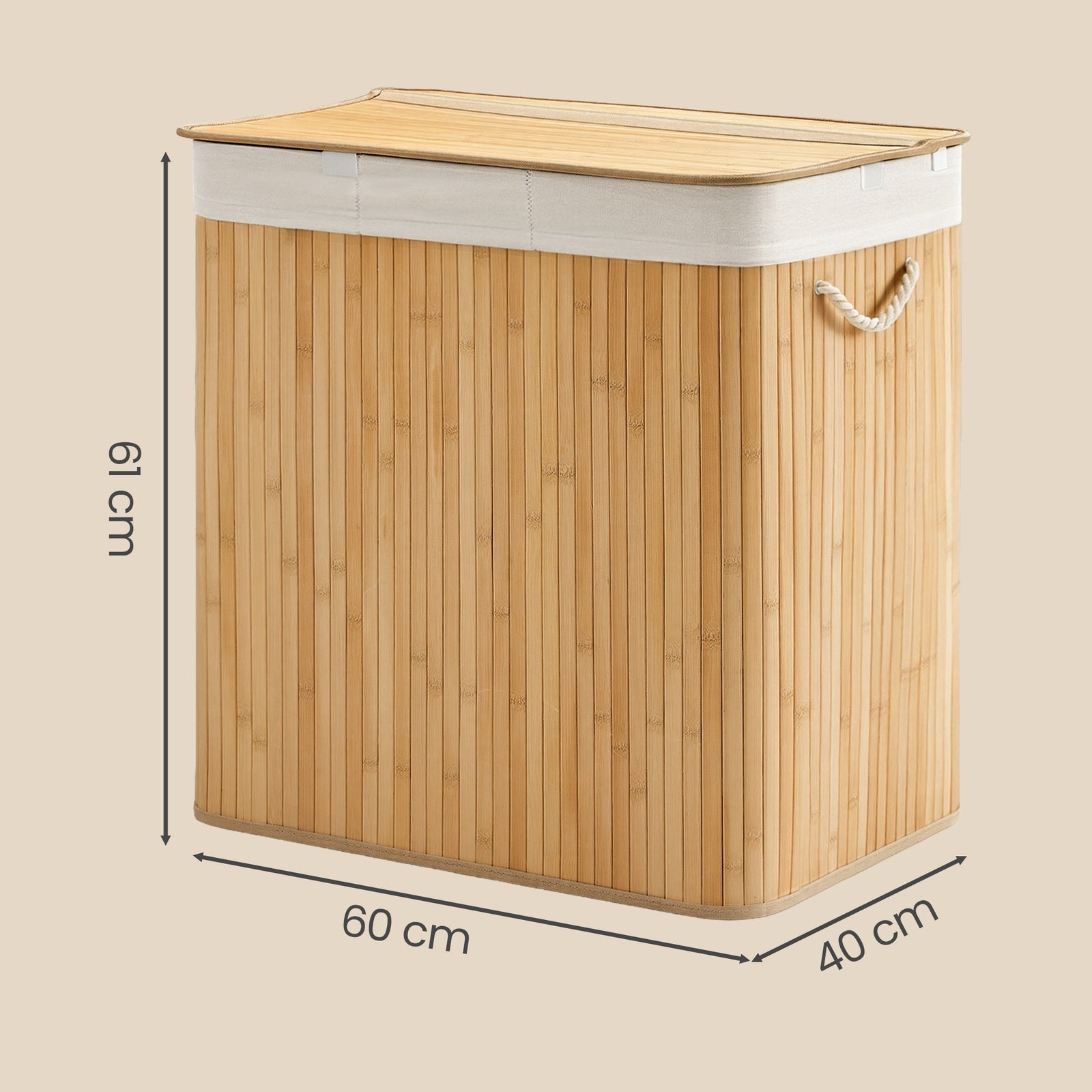 JOYFURNOS Grand Panier à Linge en Bambou, Panier à Linge Pliable à 3 Compartiments avec Couvercle, Sac Intérieur Amovible, Naturel
