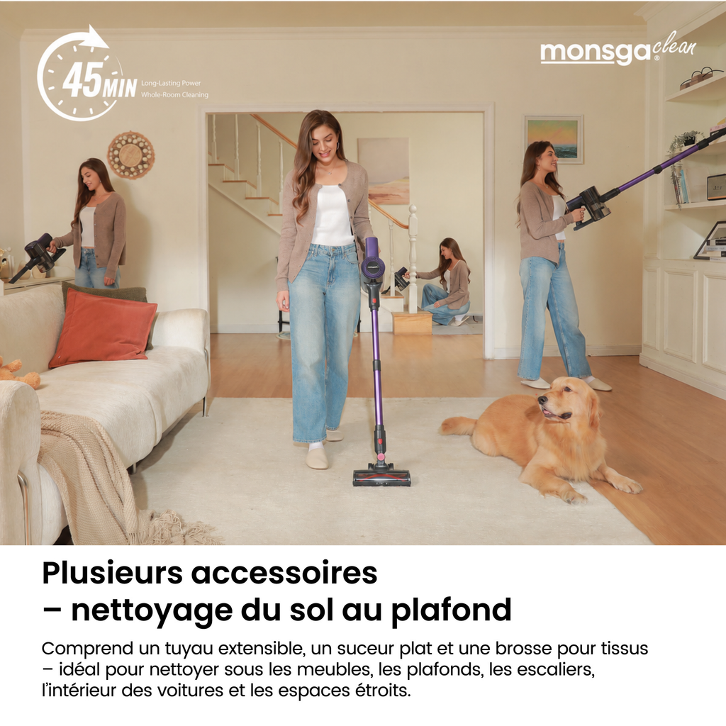monsga M100 aspirateur sans fil autonome, 55000 Pa 45 min aspirateurs pour la maison, écran tactile, révélation de la poussière par lumière verte, brosse roulante anti-emmêlement, bac à poussière XL, rechargeable pour poils d'animaux/tapis