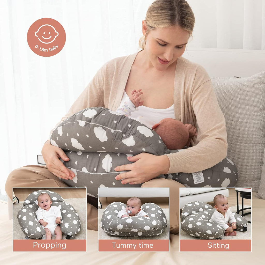 Momcozy Coussin d'allaitement en forme de U en coton tissé (100 % coton) NP001 (Nuage/Forêt animale/Nuage gris/Pluie de météores)