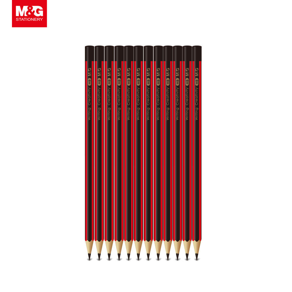 M&G Lot de 12 crayons graphite HB en bois - Rayures rouges et noires