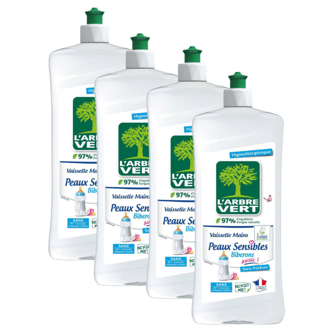 L'Arbre Vert Liquide Vaisselle Hypoallergénique pour Peaux Sensibles & Biberons 4 x 750 ml (= 3 L)
