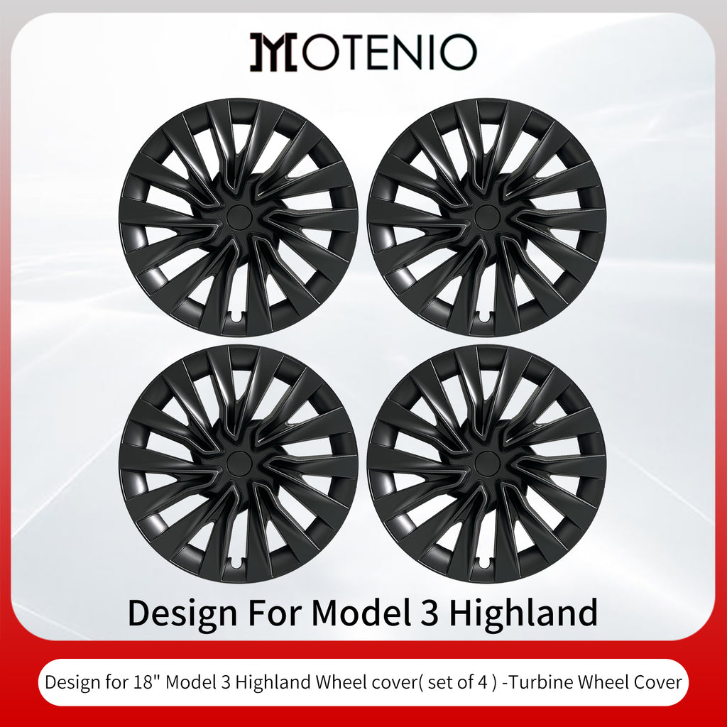 MOTENIO 4 pièces Enjoliveurs de roue premium pour Tesla Model 3 Highland (2023-2026) 18 po Enjoliveurs durables Noir mat Style turbine Couverture intégrale Protections de roue