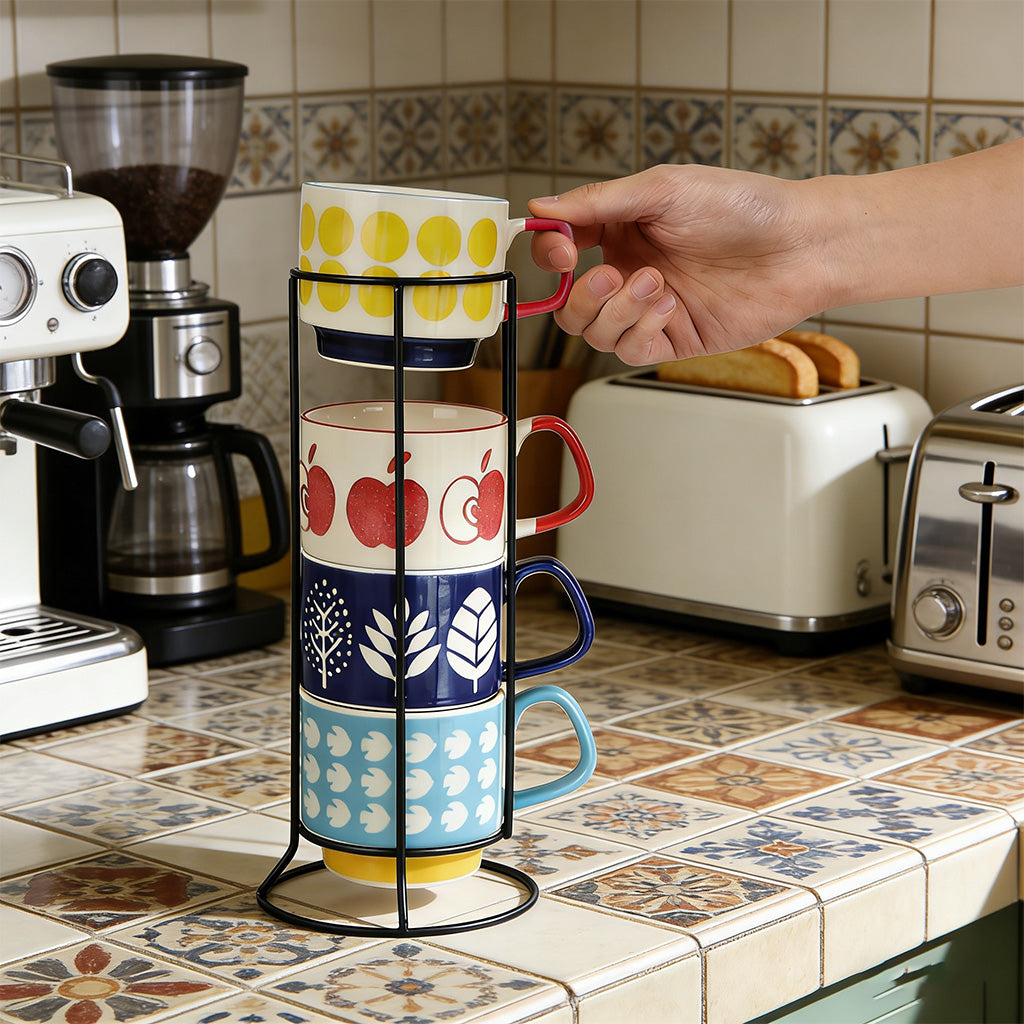 Lot de 4 tasses en céramique à motifs amusants, tasses à café colorées 300 ml (Pomme, Pois, Feuille, Rayure)