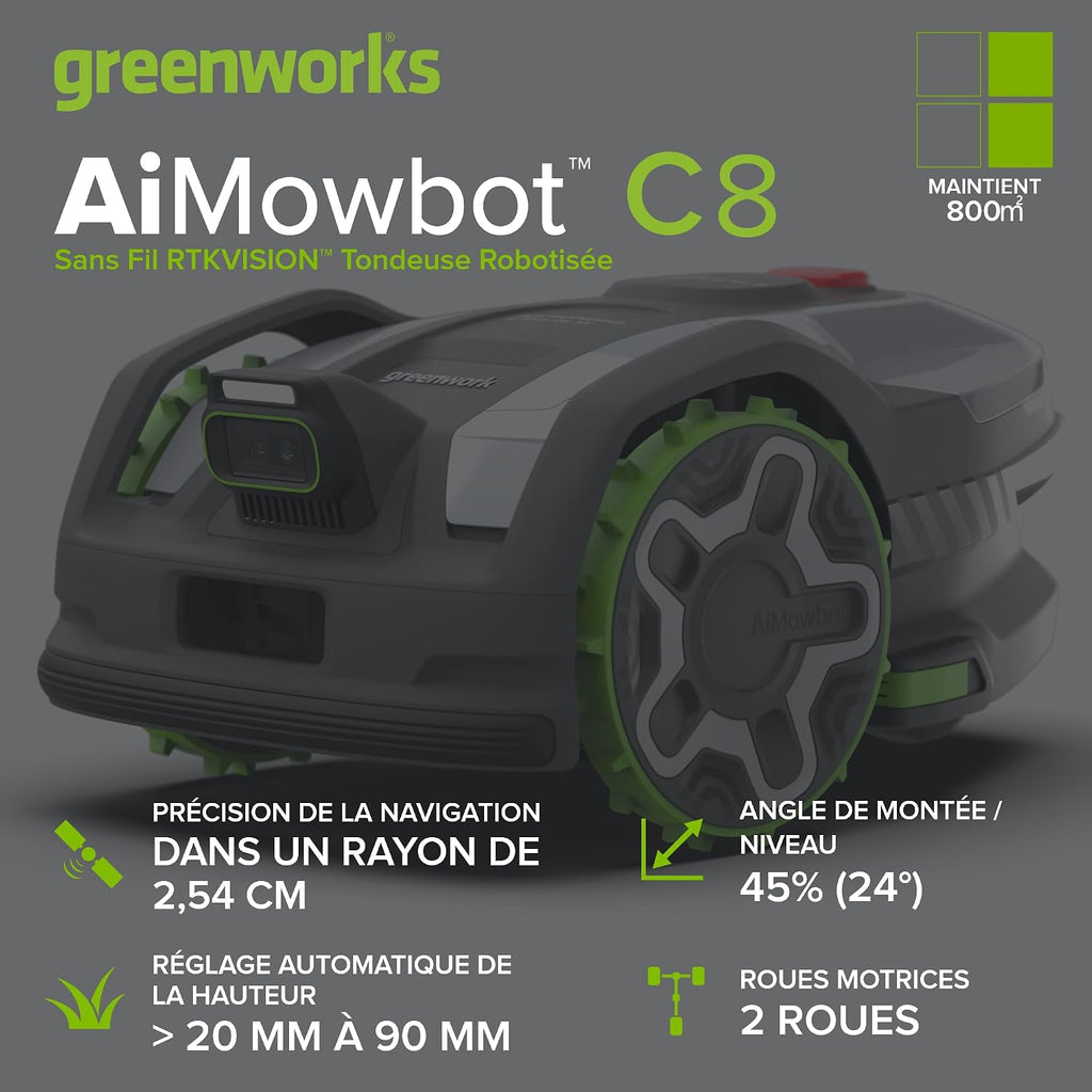greenworks AI Mowbot C8 Robot-tondeuse sans fil sans fil périphérique, Max. 800 m², Navigation RTK, Cartographie automatique, Bordure virtuelle, Contrôle multi-zones, Extrêmement silencieux