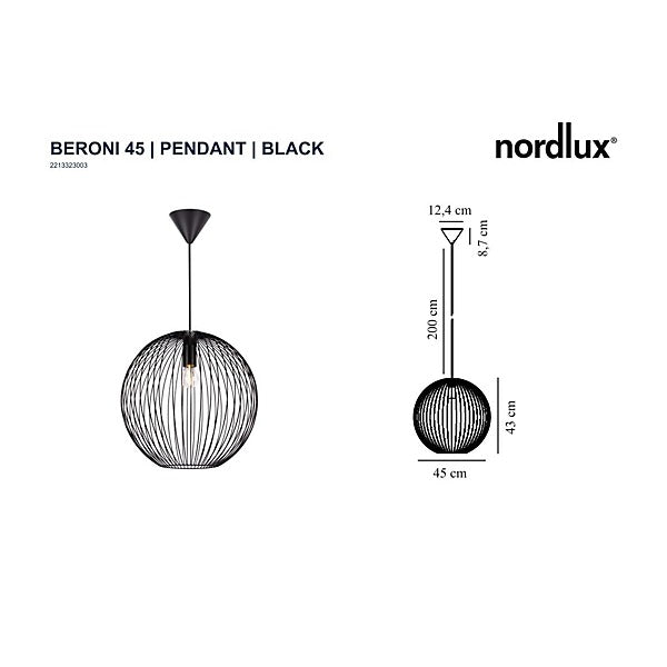 Suspension BERONI 45 métal noir IP20 E27 - Nordlux, Intérieur