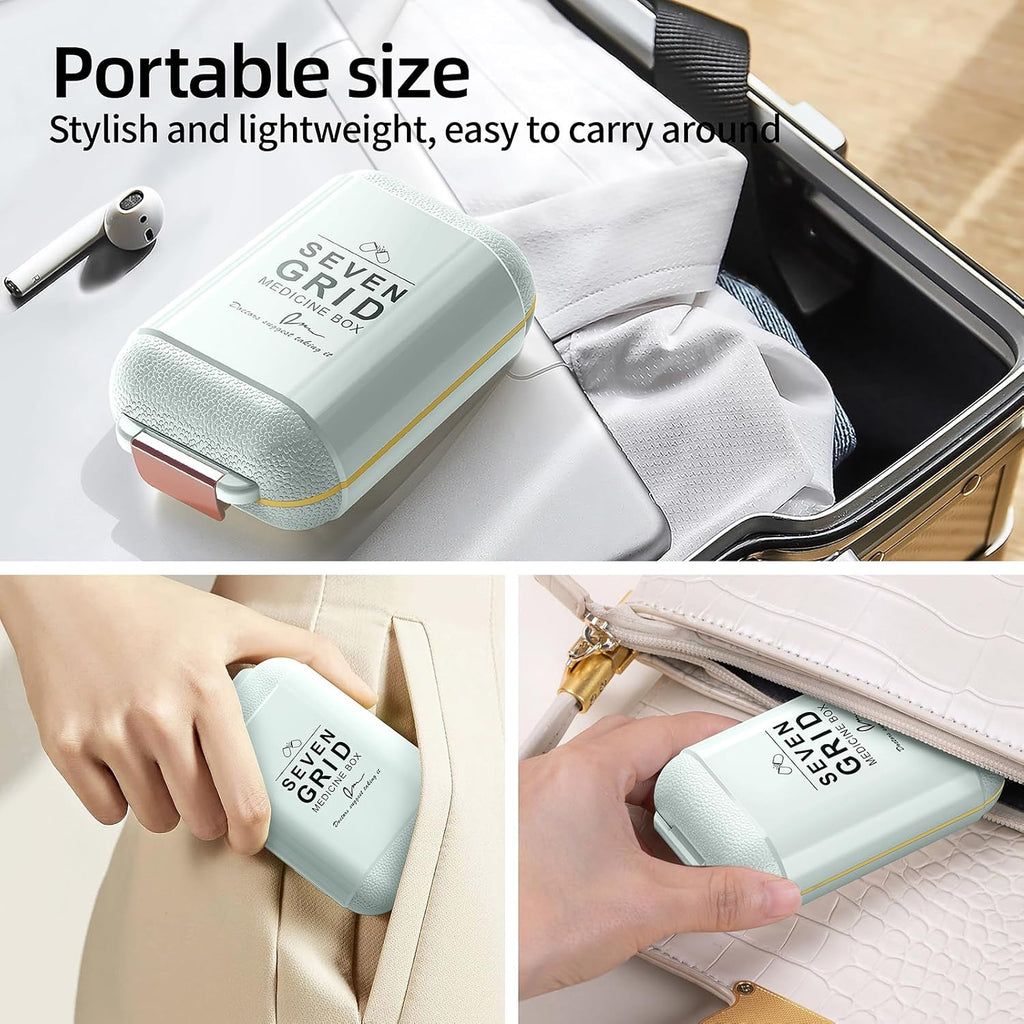 GAONLY Pilulier portable, Boîte à pilules avec 7 compartiments, Petit étui à pilules de voyage, Pilulier quotidien avec couvercle hermétique, Récipient à pilules en matériau sans BPA Vert