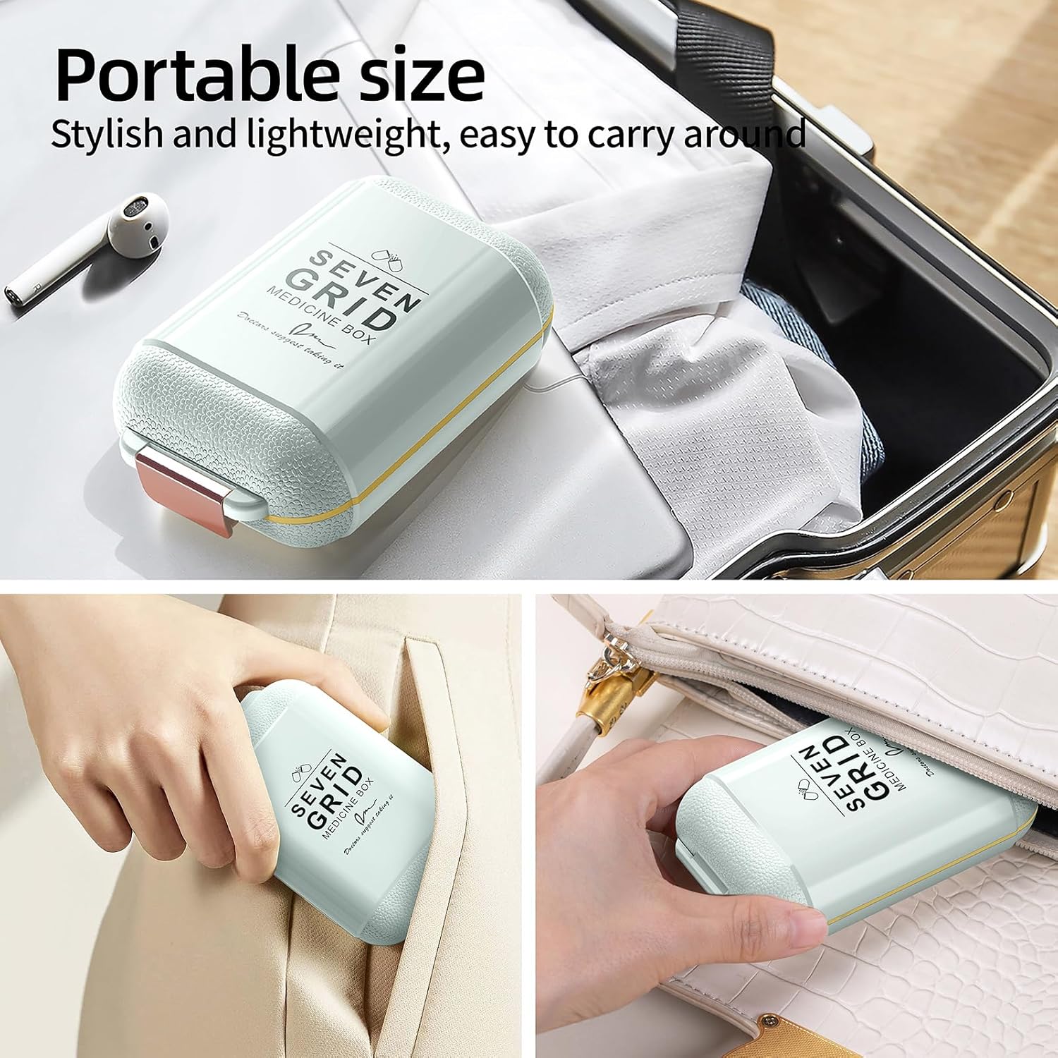 GAONLY Pilulier portable, Boîte à pilules avec 7 compartiments, Petit étui à pilules de voyage, Pilulier quotidien avec couvercle hermétique, Récipient à pilules en matériau sans BPA Vert