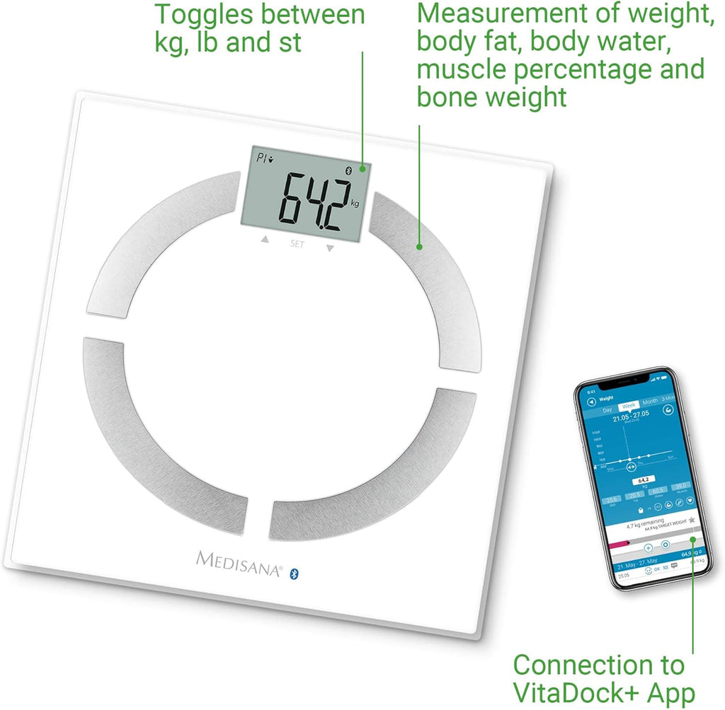 Medisana BS 444 Balance Connectée Impédancemètre jusqu'à 180 kg, Bluetooth, BMI/Muscle/Graisse Corporelle/Masse Osseuse avec l'application Vitadock+, Blanc