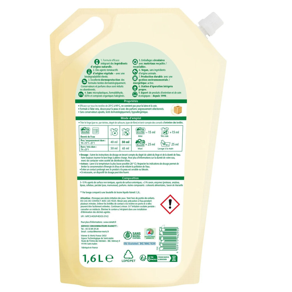 RAINETT Recharge Lessive Liquide Écologique au Savon de Marseille 1.6L (32 Lavages)
