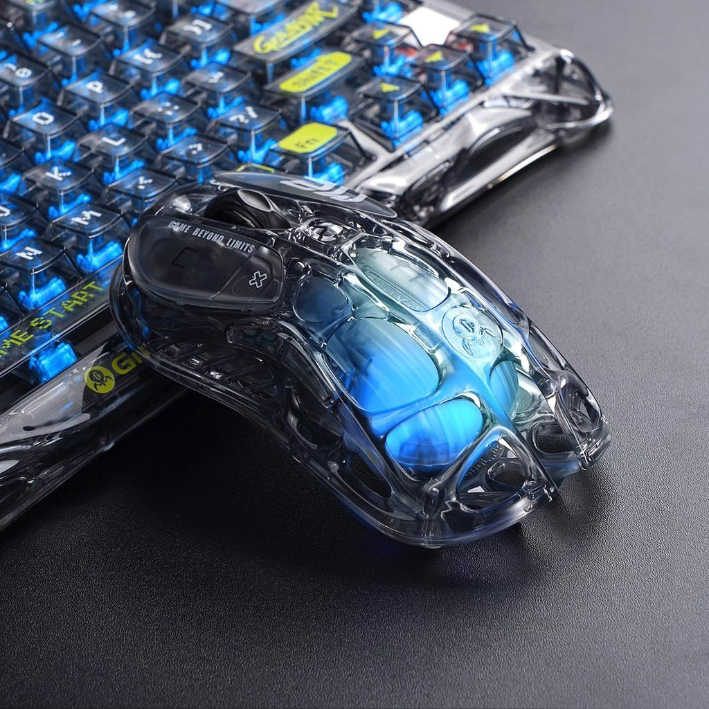 GravaStar Mercury M2 Transparent - Souris de jeu sans fil, 26 000 DPI, 79 g ultra-légère, PAW3395, 5 modes RGB, 5 boutons, Tri-mode (2,4 GHz/Bluetooth/Câble) pour PC & Mac - Noir transparent