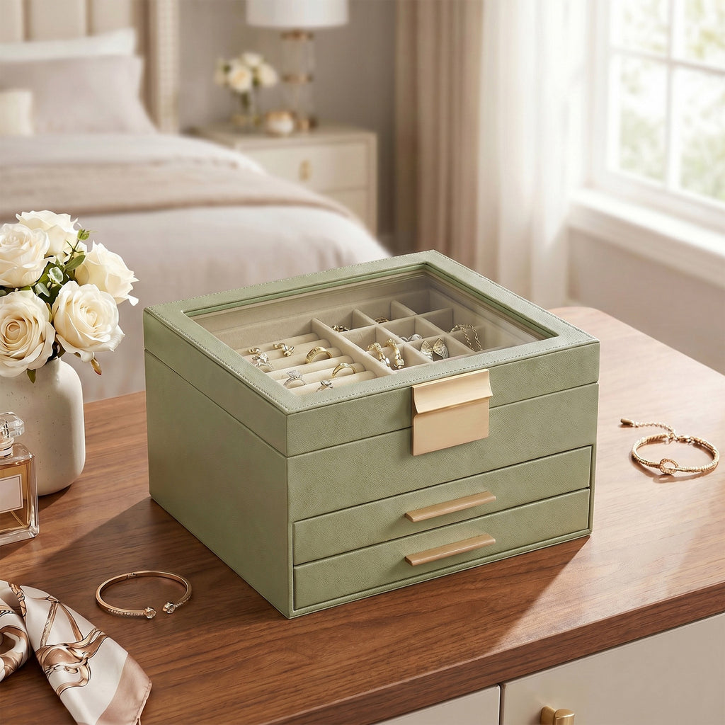 JOYFURNOS Boîte à bijoux avec couvercle en verre – Vert Sauge & Or, 3 niveaux, 2 tiroirs, organiseur de rangement moderne, taille 20,3 x 23,1 x 13,5 cm – excellente idée cadeau