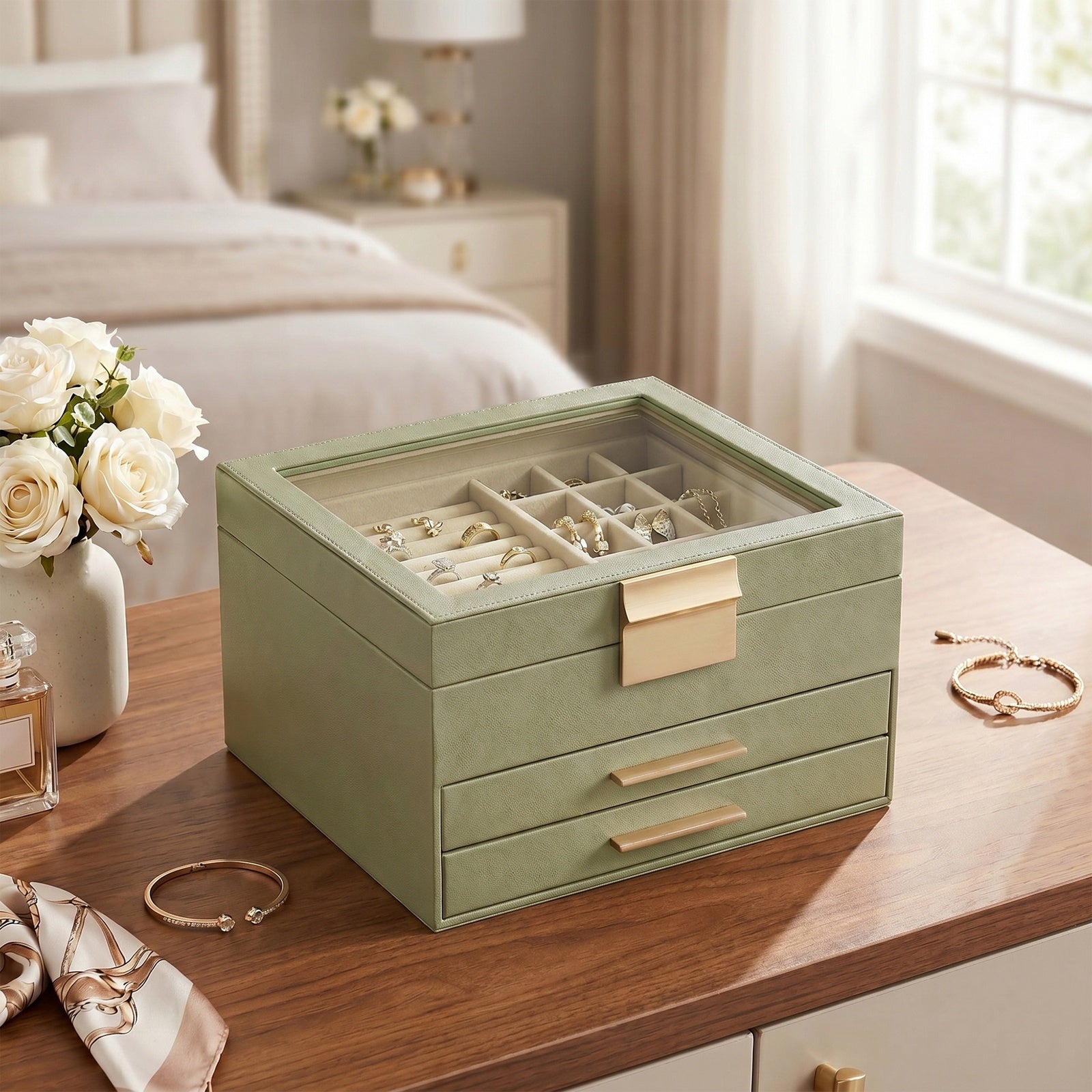 JOYFURNOS Boîte à bijoux avec couvercle en verre – Vert Sauge & Or, 3 niveaux, 2 tiroirs, organiseur de rangement moderne, taille 20,3 x 23,1 x 13,5 cm – excellente idée cadeau