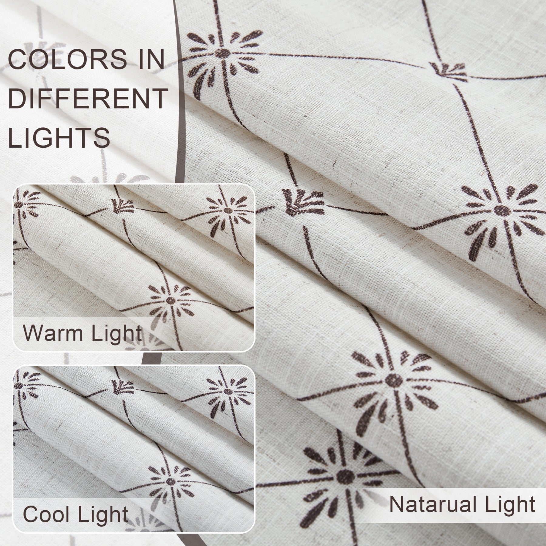 PONY DANCE Rideaux en Lin Mélange de Lin Imprimé Diamant Starburst Draperie de Confidentialité en Coton Biologique avec Œillets Arrière Filtrant la Lumière pour Chambre Salon, Naturel