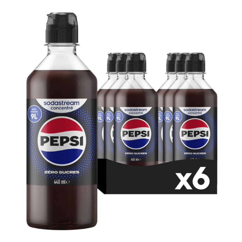 SodaStream Lot de 6 Concentrés Pepsi Zéro Sucres 440 ml | Préparez jusqu'à 54 L de Boisson | Bouchon Anti-Goutte