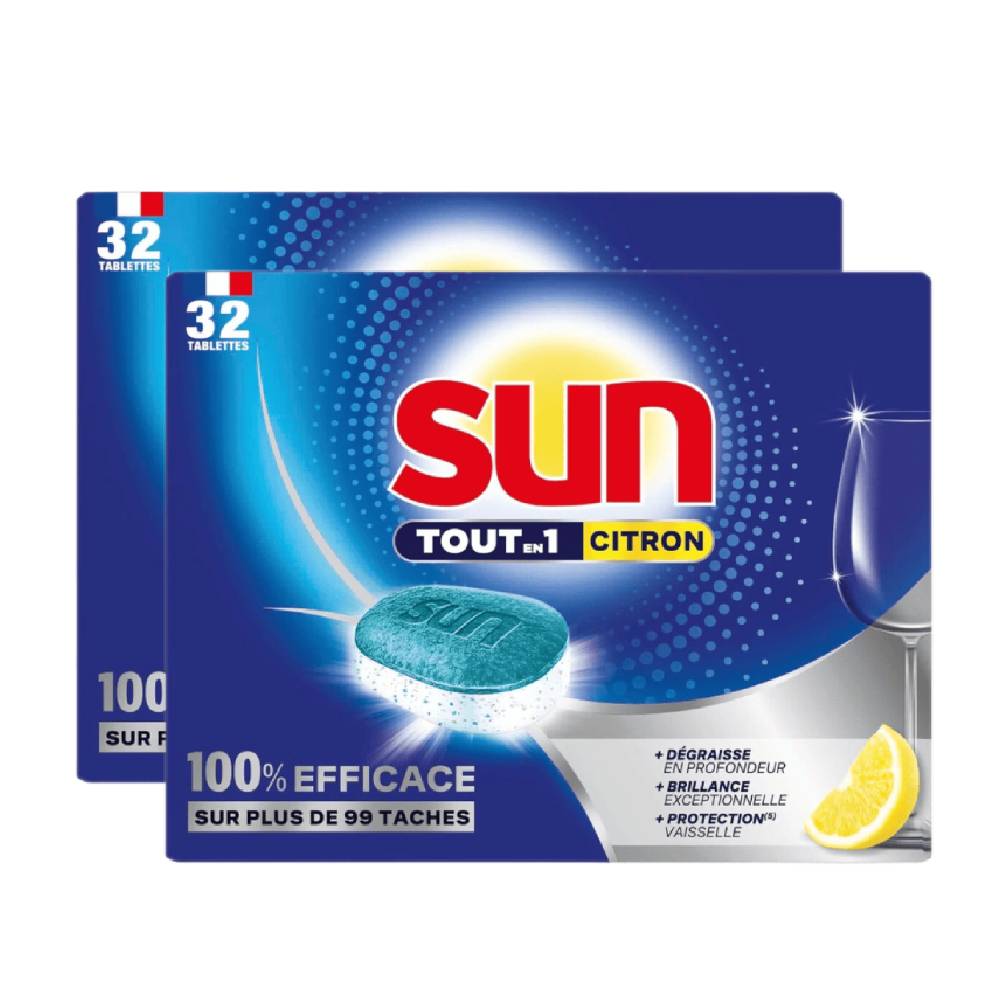 Sun Tout-en-1 Citron Tablettes Lave-Vaisselle 2 x Lot de 32 (= 64 Tablettes)