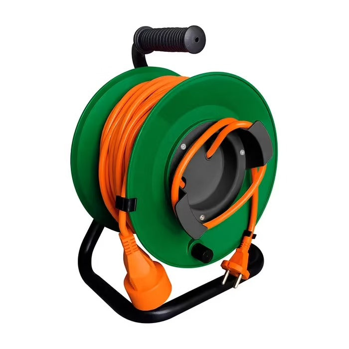 Enrouleur sans prise 2x1,5 mm² 25m pied métal + coupe circuit - Zenitech
