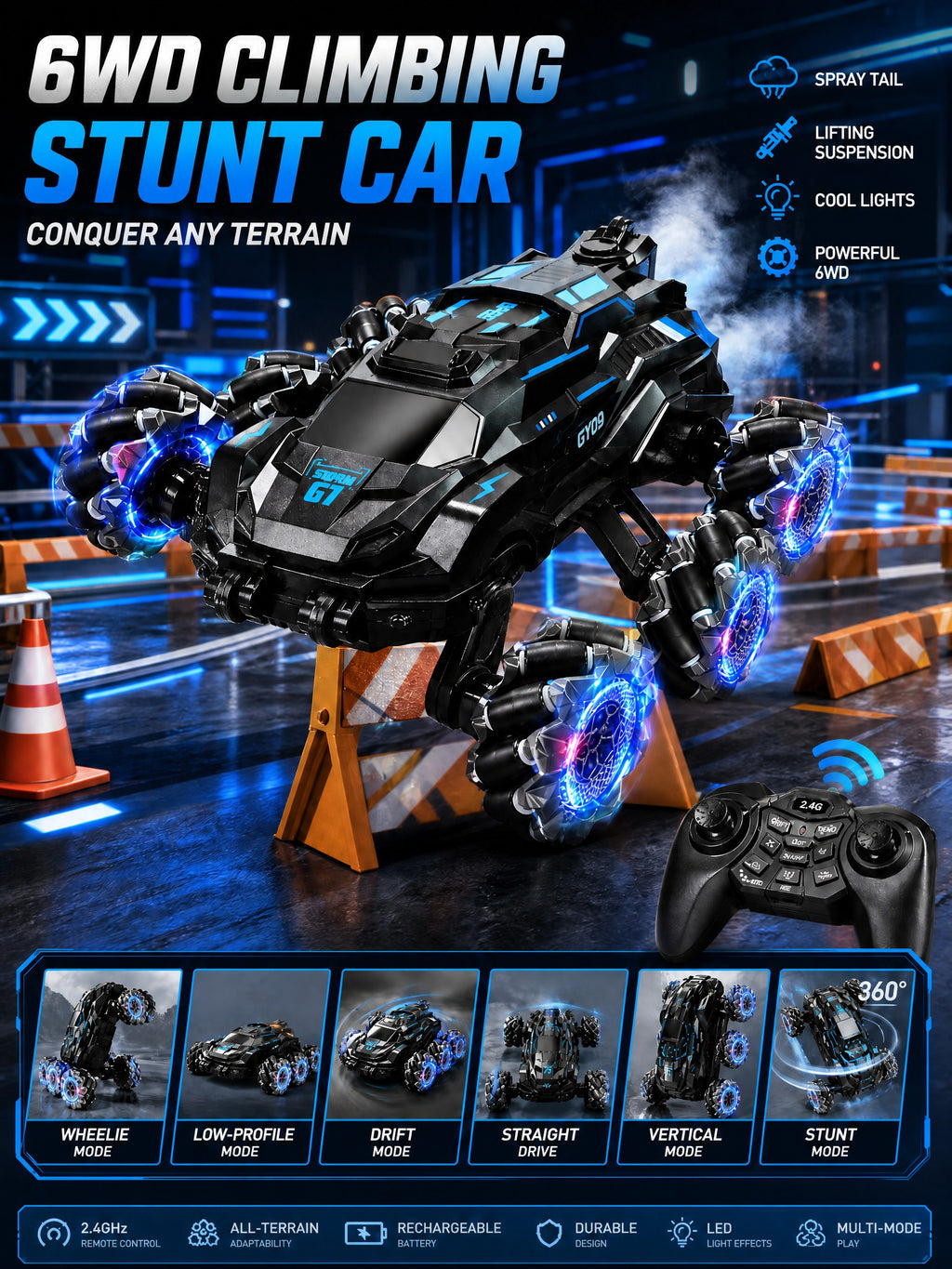 Voiture de Cascade RC 6WD en Alliage Métallique, Design Brume, Télécommande 2,4 g, Drift Latéral et Rotation à 360°, Lumières LED et Musique, Jouet Tout-Terrain pour Enfants 6+, One Piece en Bleu