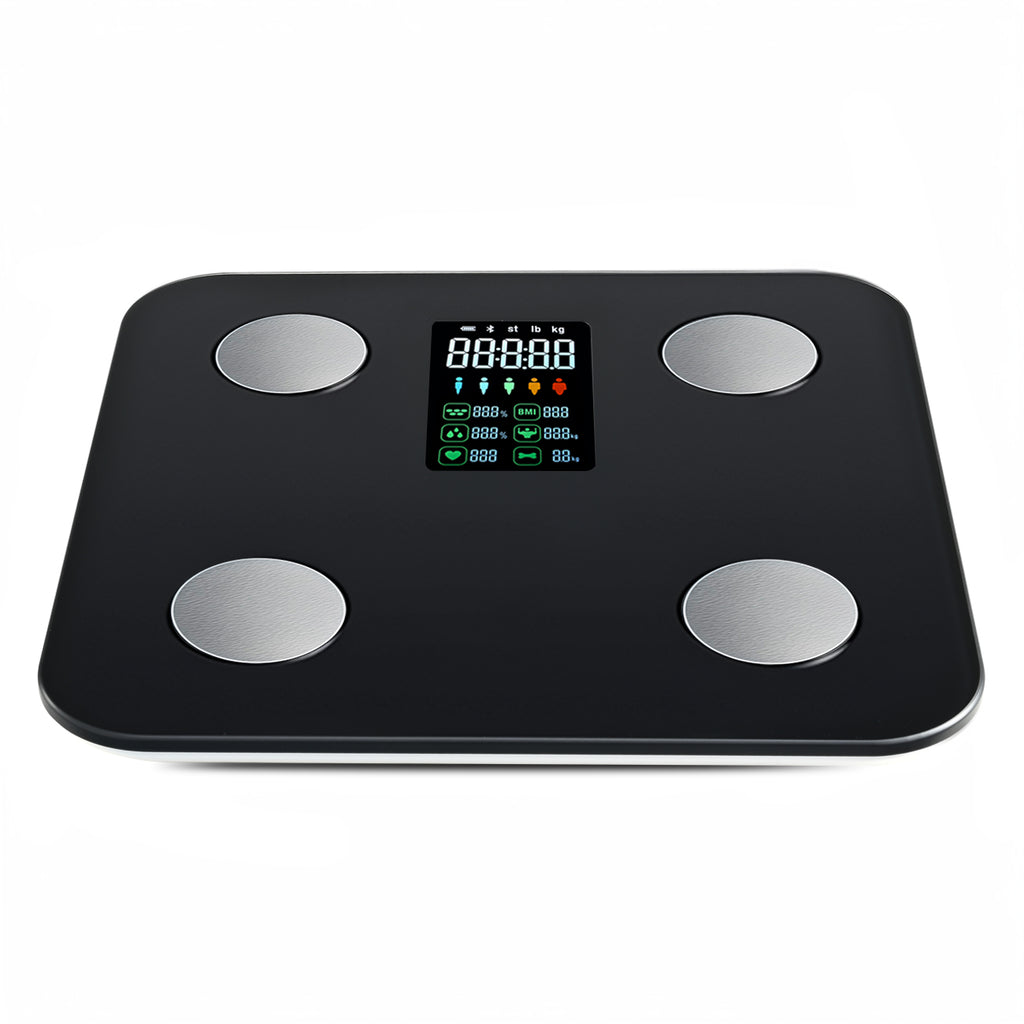 Sparoma ZJ08 Balance de salle de bain numérique avec écran LCD couleur – Alimentée par piles (4 × AAA non incluses), moniteur Bluetooth de graisse corporelle et de fréquence cardiaque avec suivi par application