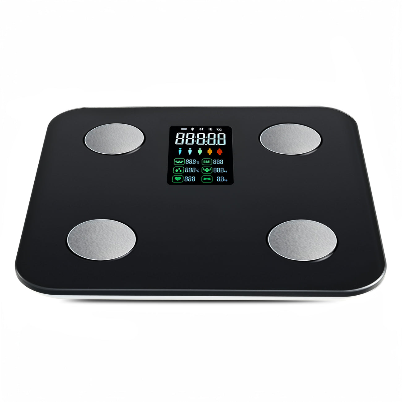 Sparoma ZJ08 Balance de salle de bain numérique avec écran LCD couleur – Alimentée par piles (4 × AAA non incluses), moniteur Bluetooth de graisse corporelle et de fréquence cardiaque avec suivi par application