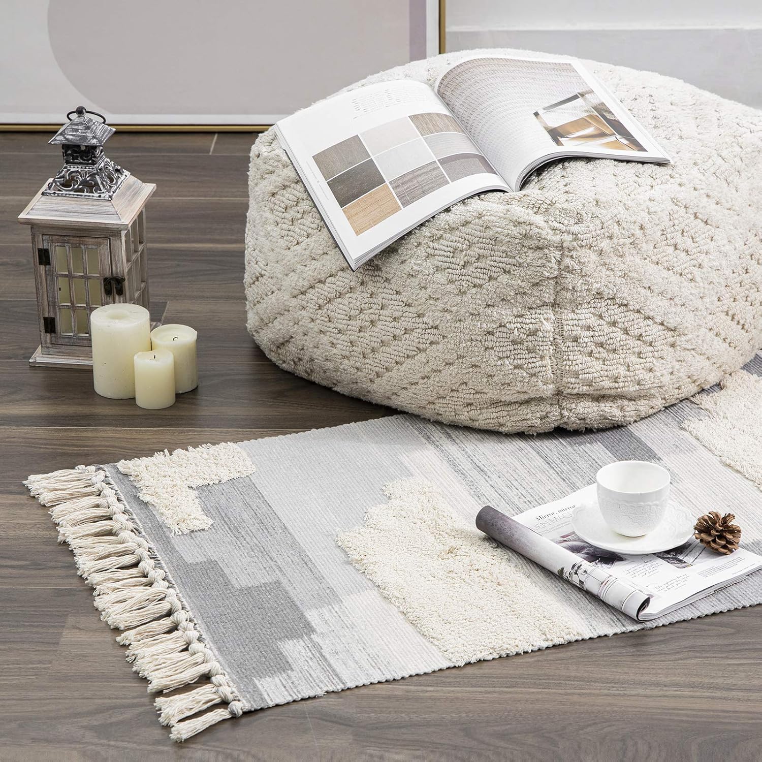 Ashler Tapis en coton, Tapis tissé shaggy à franges et à poils rasés bohème, Tapis de sol de style maison de campagne lavable en machine pour salon, chambre, cuisine