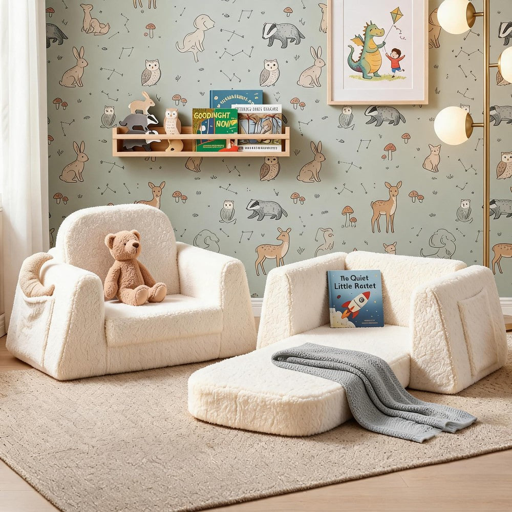 BanaSuper Canapé pour enfants, Chaise haute convertible 2-en-1, Lit pliant confortable pour enfants, Canapé et fauteuil en peluche pour enfants, Base large extra robuste, Housse lavable en machine, Cadeau pour garçons et filles, Beige crème