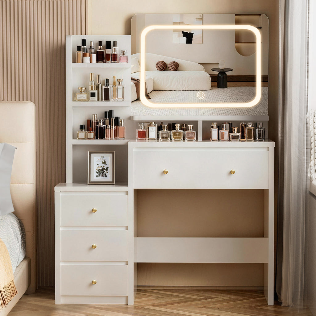 GTIMEX Table de maquillage, table de maquillage avec éclairage LED, grand miroir haute résolution, 7 compartiments de rangement ouverts, 1 grand tiroir, 3 tiroirs latéraux