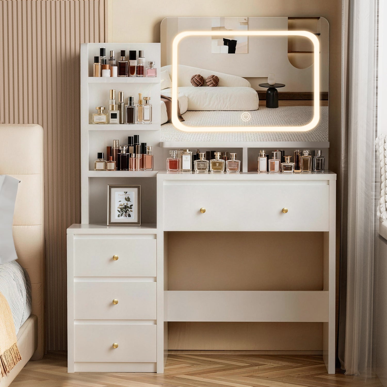 GTIMEX Table de maquillage, table de maquillage avec éclairage LED, grand miroir haute résolution, 7 compartiments de rangement ouverts, 1 grand tiroir, 3 tiroirs latéraux