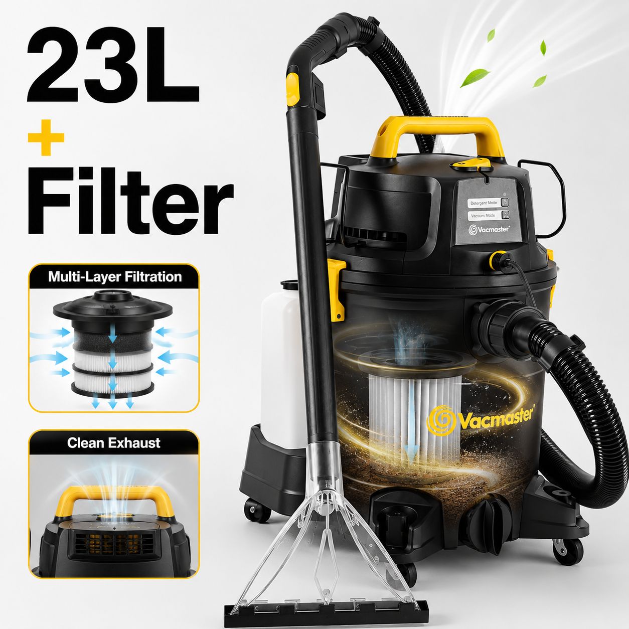 Vacmaster VK1323PFR Nettoyeur eau et poussière 1300 W, 23 L - 3-en-1 : aspire, lave et sèche tapis, canapés, tissus d’ameublement et intérieurs de voiture