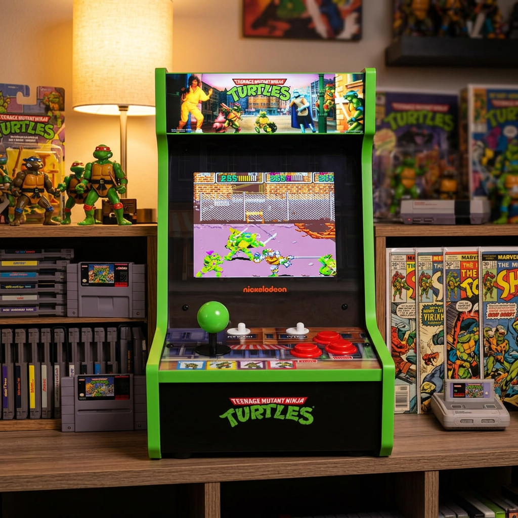 Arcade1Up Ninja Turtles Countercade Console de Table - sous Licence Officielle - Écran LCD 8 Pouces - Double Jeu Intégré - Panneau Lumineux Multicolore