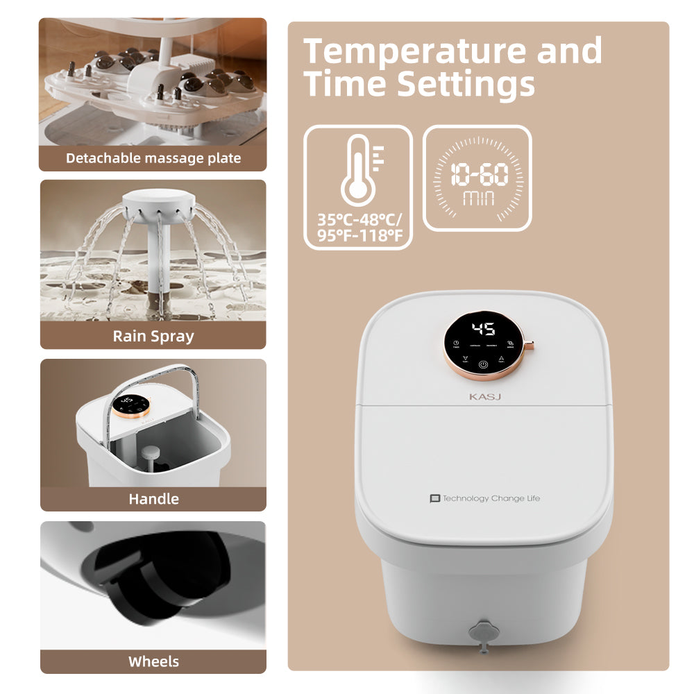 KASJ T6 Masseur de Bain de Spa pour Pieds Électrique avec 4 Rouleaux Rotatifs & 2 Points d'Acupuncture pour les Talons – Température Réglable, Minuterie, Roulettes de Déplacement Faciles & Vidange Rapide pour le Soulagement du Stress